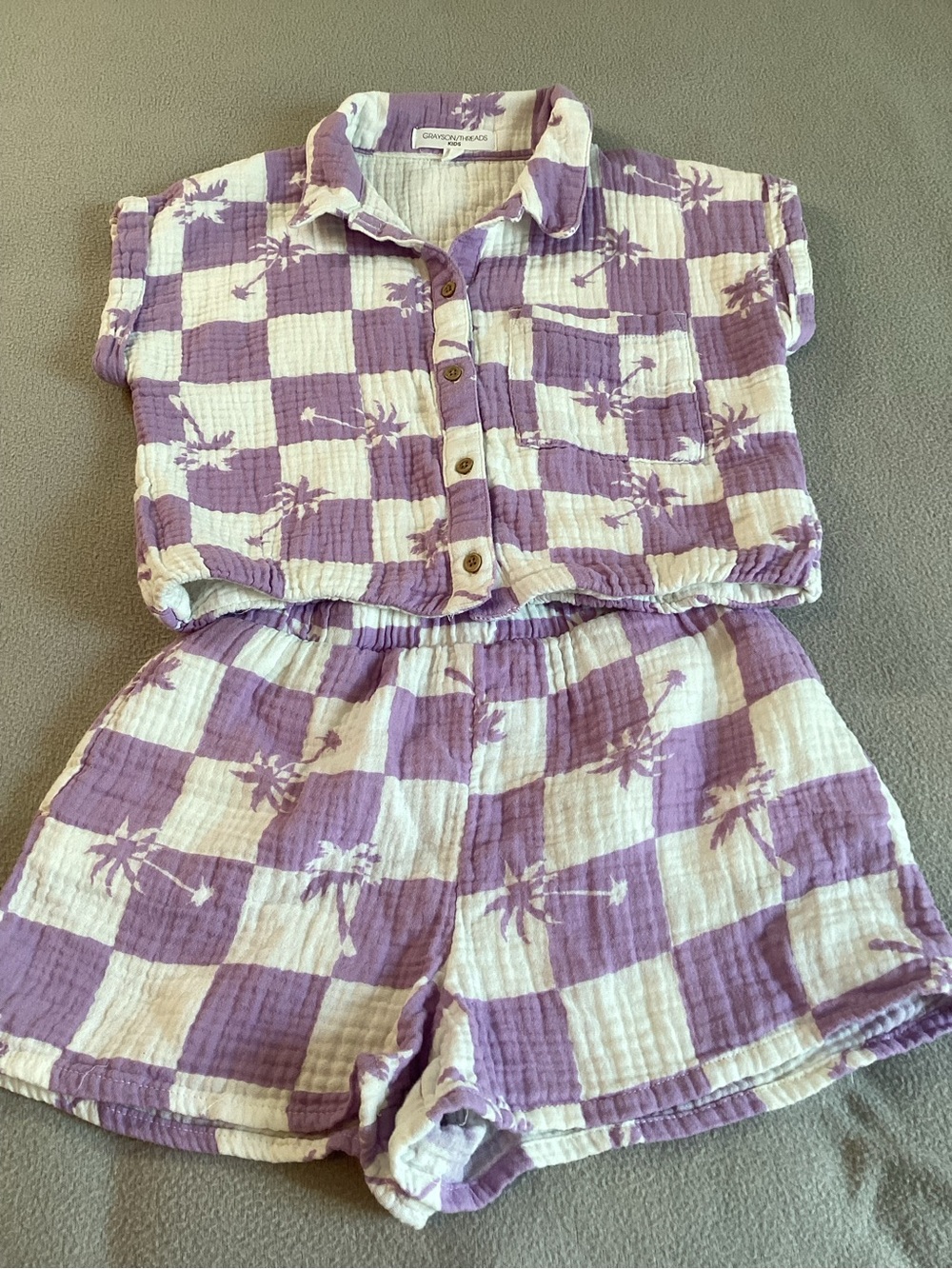 Grayson Threads Lavender and White Check Palm Shirt & Shorts Set Size M Cotton